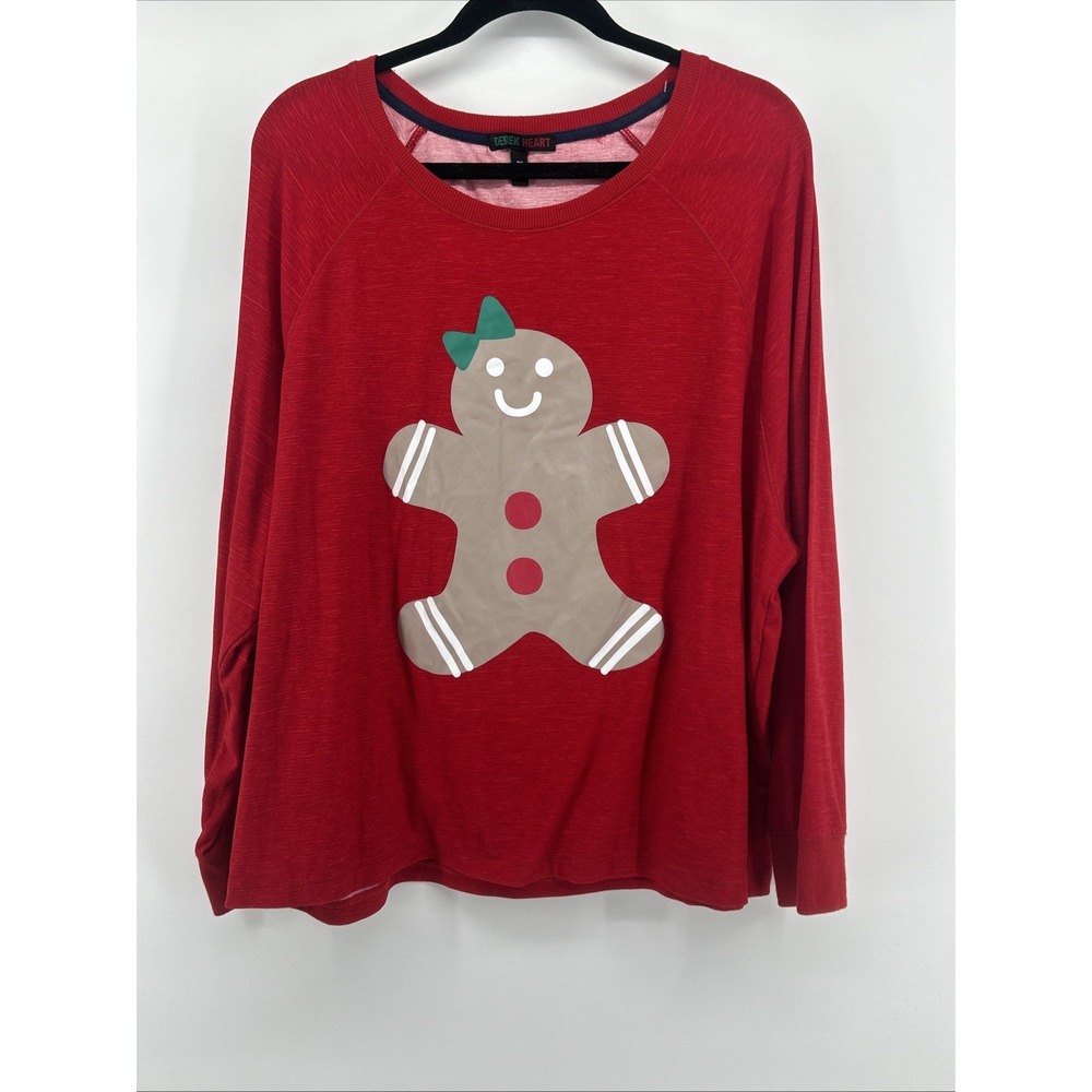 Derek Heart 2X Gingerbread Girl Cozy Christmas Shirt Red Raglan Holiday Lounge